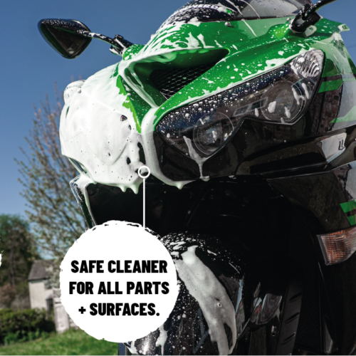 Motoverde bike cleaner soap bubbles on kawasaki motorcycle